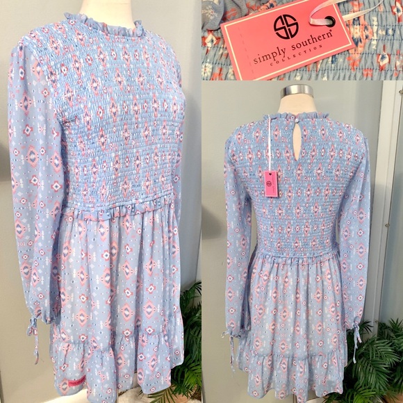 Size XL Simply Southern Smocked Dress Pastel Blue Modest Feminine Ruffle Hem NWT - Picture 2 of 13